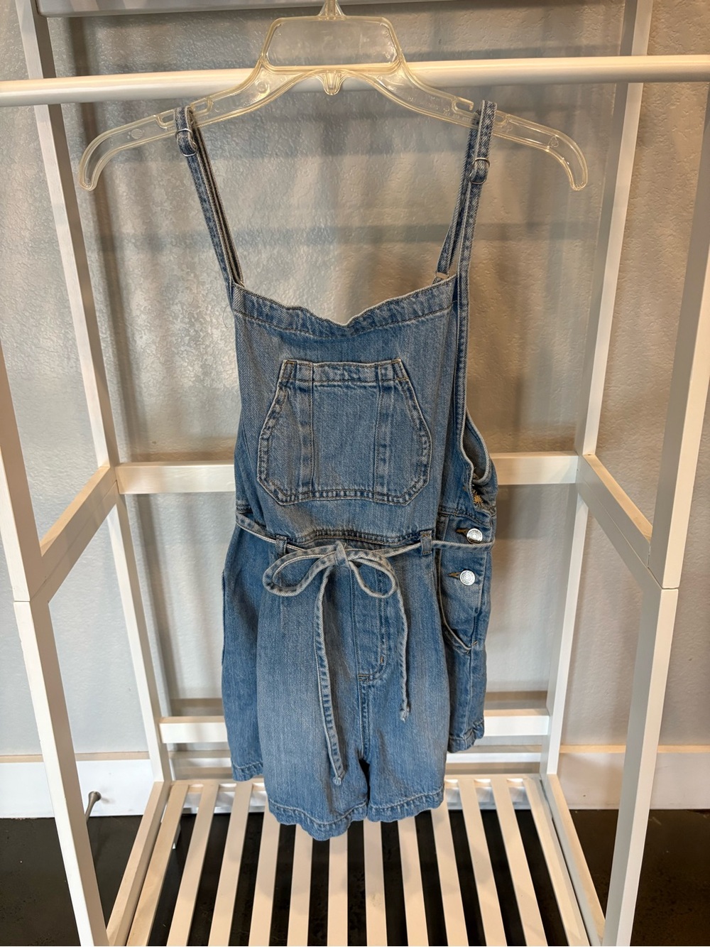 Maurices Denim Romper in Blue Wash with Tie Waist